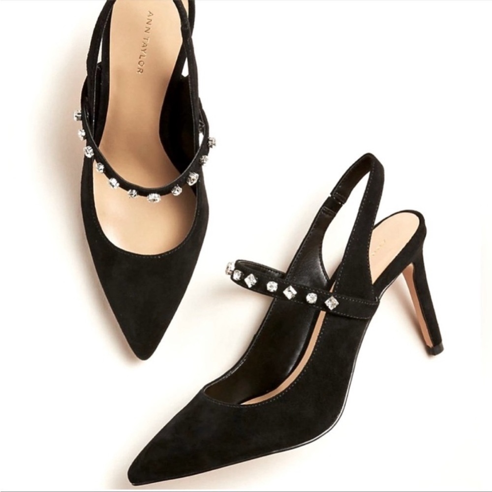 Ann Taylor New In Box !!Crystal Slingback Black Suede Heels
